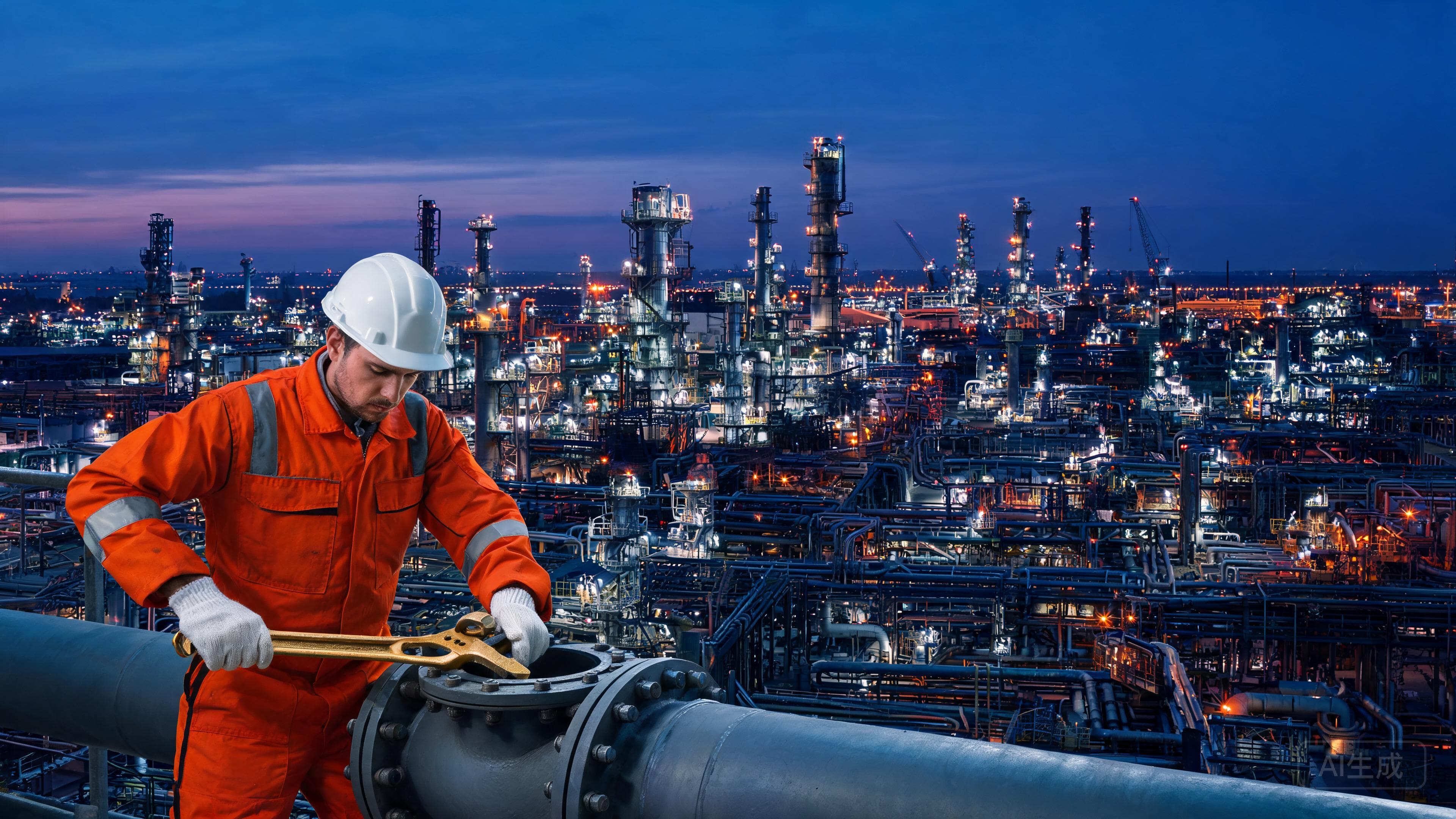 Oil refinery at blue hour with safety lighting
